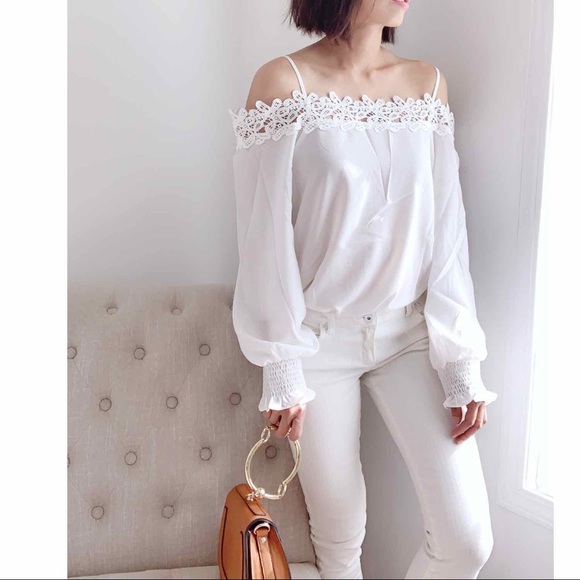 White Crocheted Off Shoulder Blouse Top - Picture 3 of 7